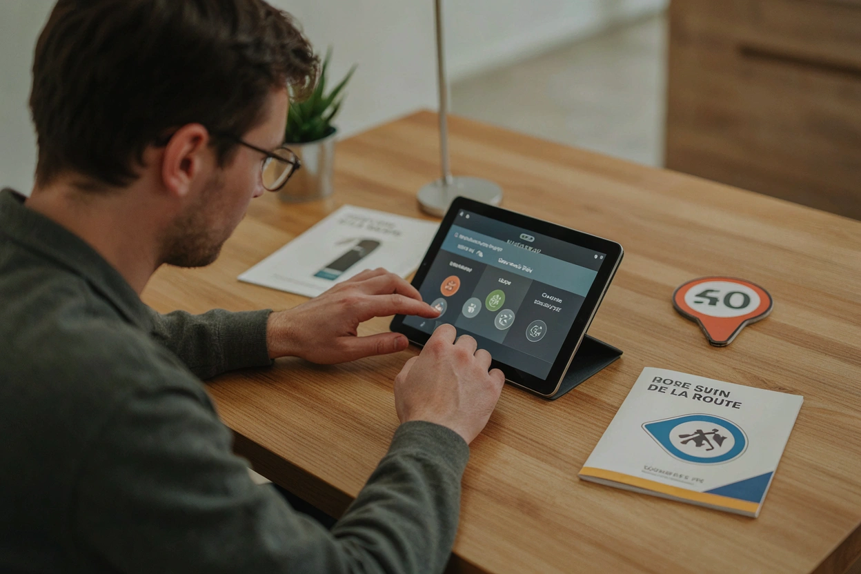 Élève s'exerçant au code de la route sur tablette