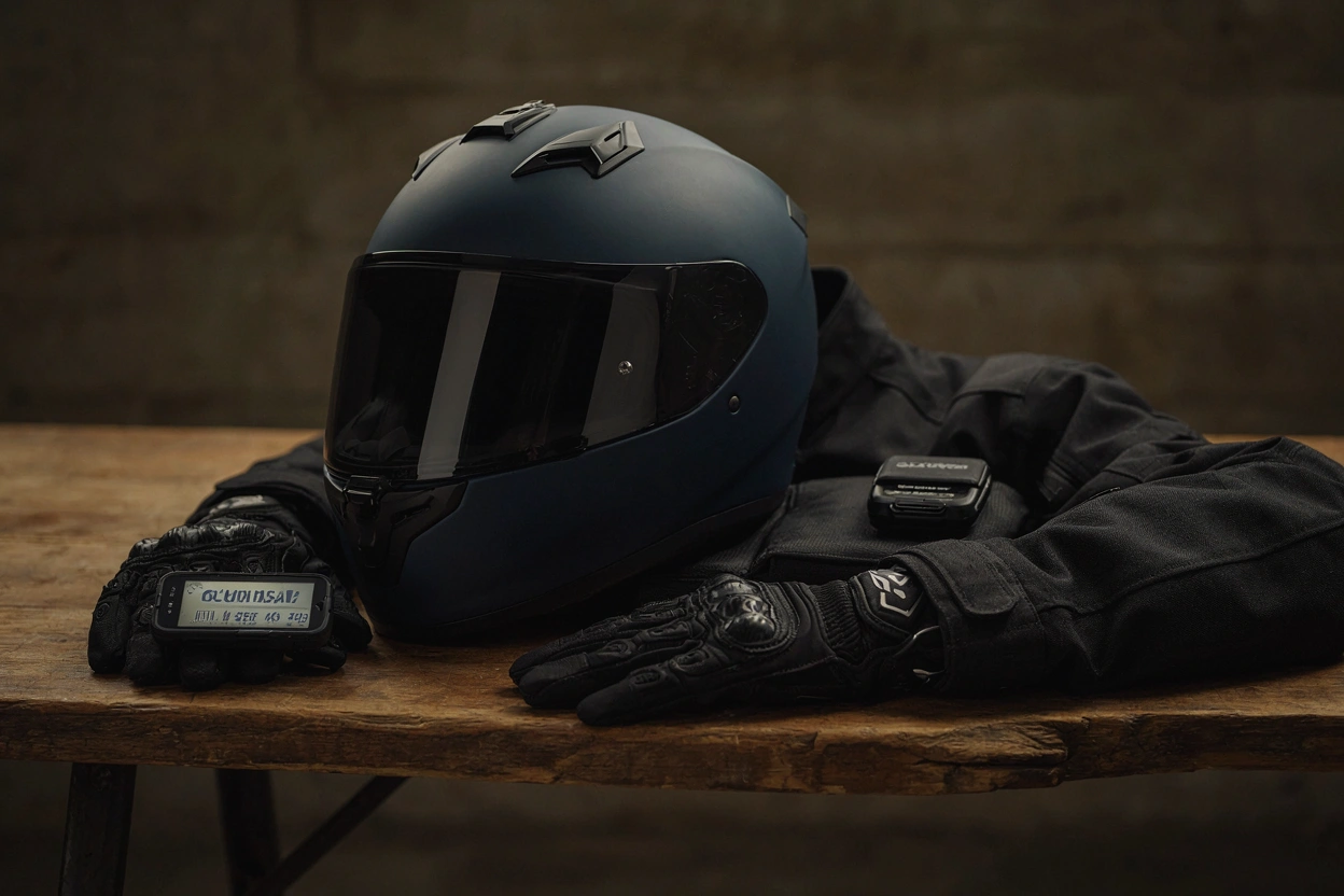 Équipement moto : casque, veste et gants sur un banc